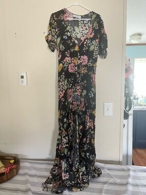 Auguste Floral High Low Button Fromt Black Maxi Dress with Pink & Green Accents
